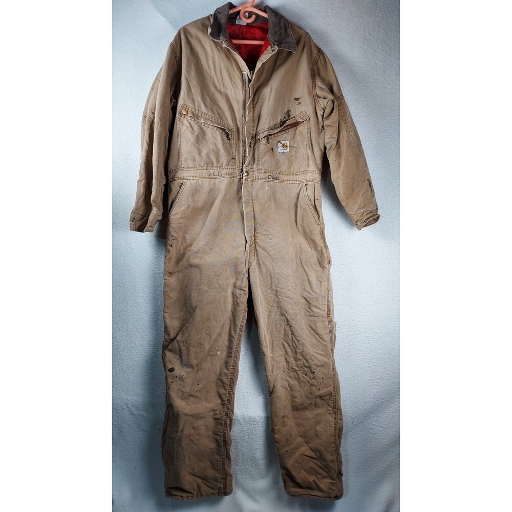 Carhartt Mens 46R Insulated Coveralls Tan Duck FAIR Worn Stained As-Is